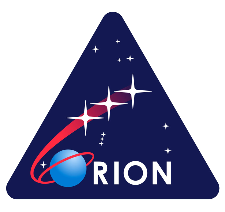 a logo made by nasa for the Orion Project. it is a navy blue triangle with rounded corners. inside, on the bottom, is the word 'Orion,' with the 'O' being replaced by a blue planet with a red ring. a parabol comes off of the red ring and up through the center of the triangle on a diagonal. this line has 3 white stars on it. the rest of the blue triangle has smaller stars